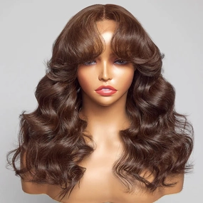 13x6 Skin Melt Lace Front Delicate Hairline Wavy Brown Wig with Bang