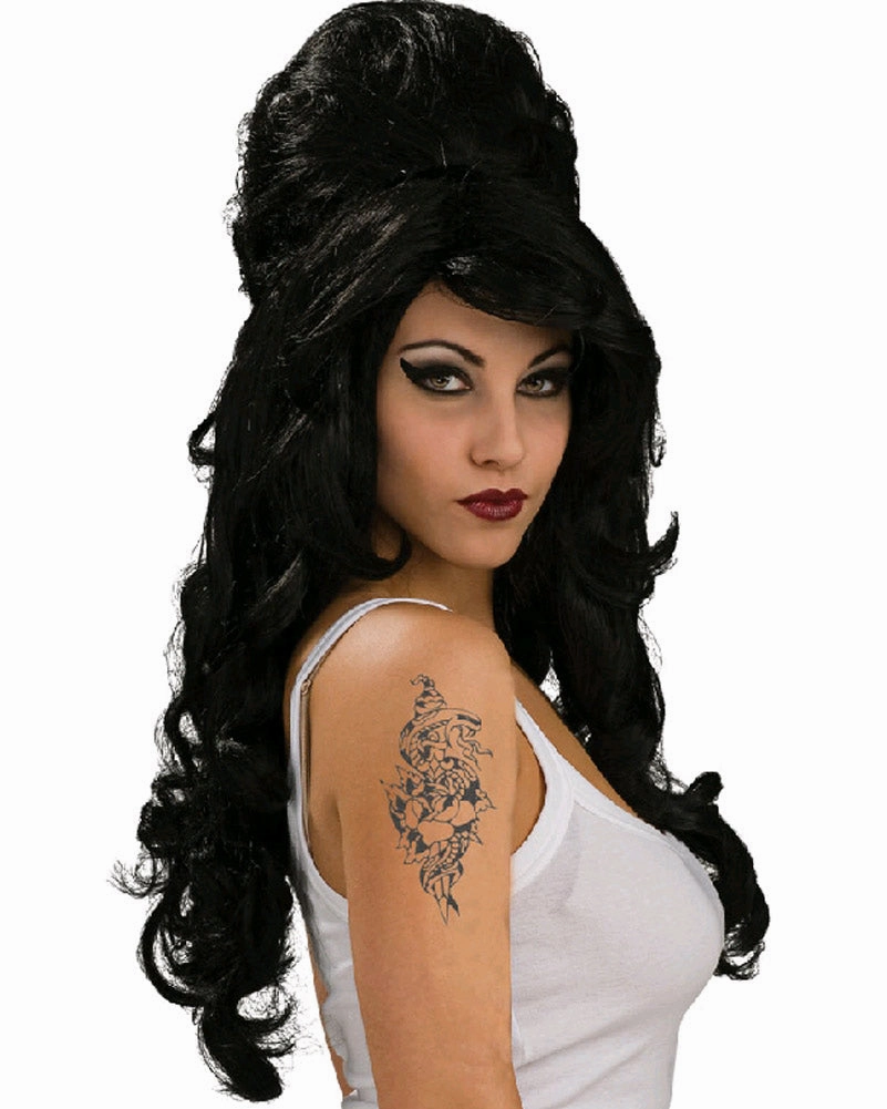60s Beehive Long Curly Black Wig