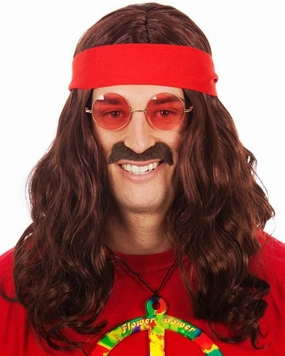 60s Hippie with Red Headband Long Brown Wig