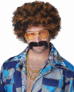 70s Disco Dirt Bag Black and Brown Afro Wig and Moustache