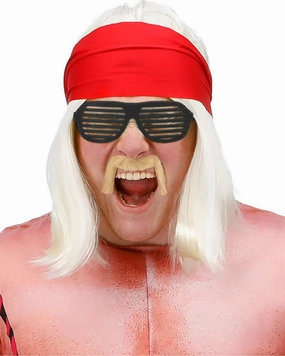 90s Wrestling Star Platinum Blonde Wig Bandana Moustache and Sunglasses Set