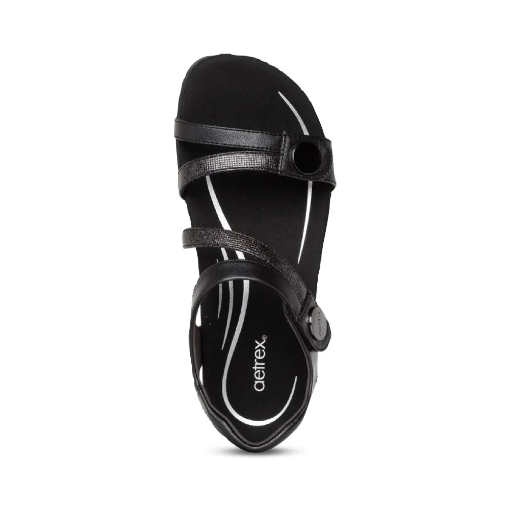 Aetrex Women's Jess Adjustable Quarter Strap Sandal in Black