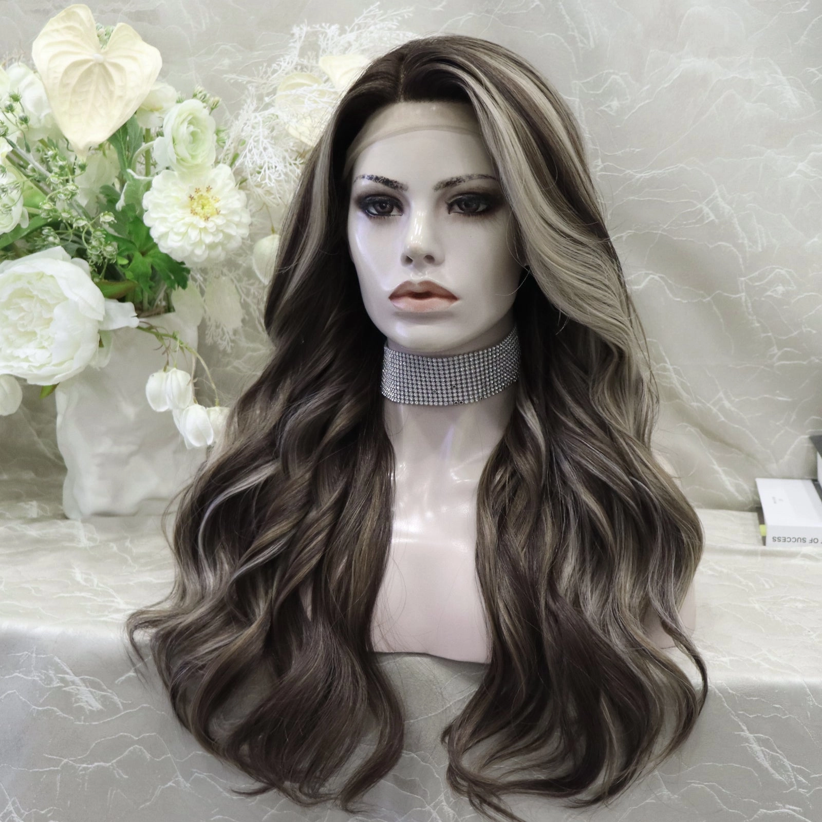 Alisha Skunk Stripe Natural Dark Brown With Blonde Highlight Body Wave 13*4 Lace Front Wig