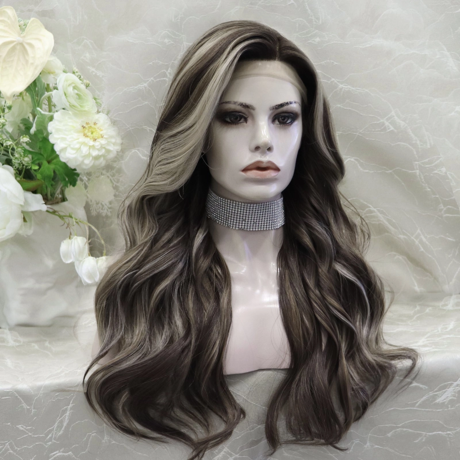 Alisha Skunk Stripe Natural Dark Brown With Blonde Highlight Body Wave 13*4 Lace Front Wig