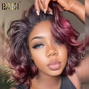 BAISI Side Part 1B/Dark Plum Wavy Glueless BOB Wig