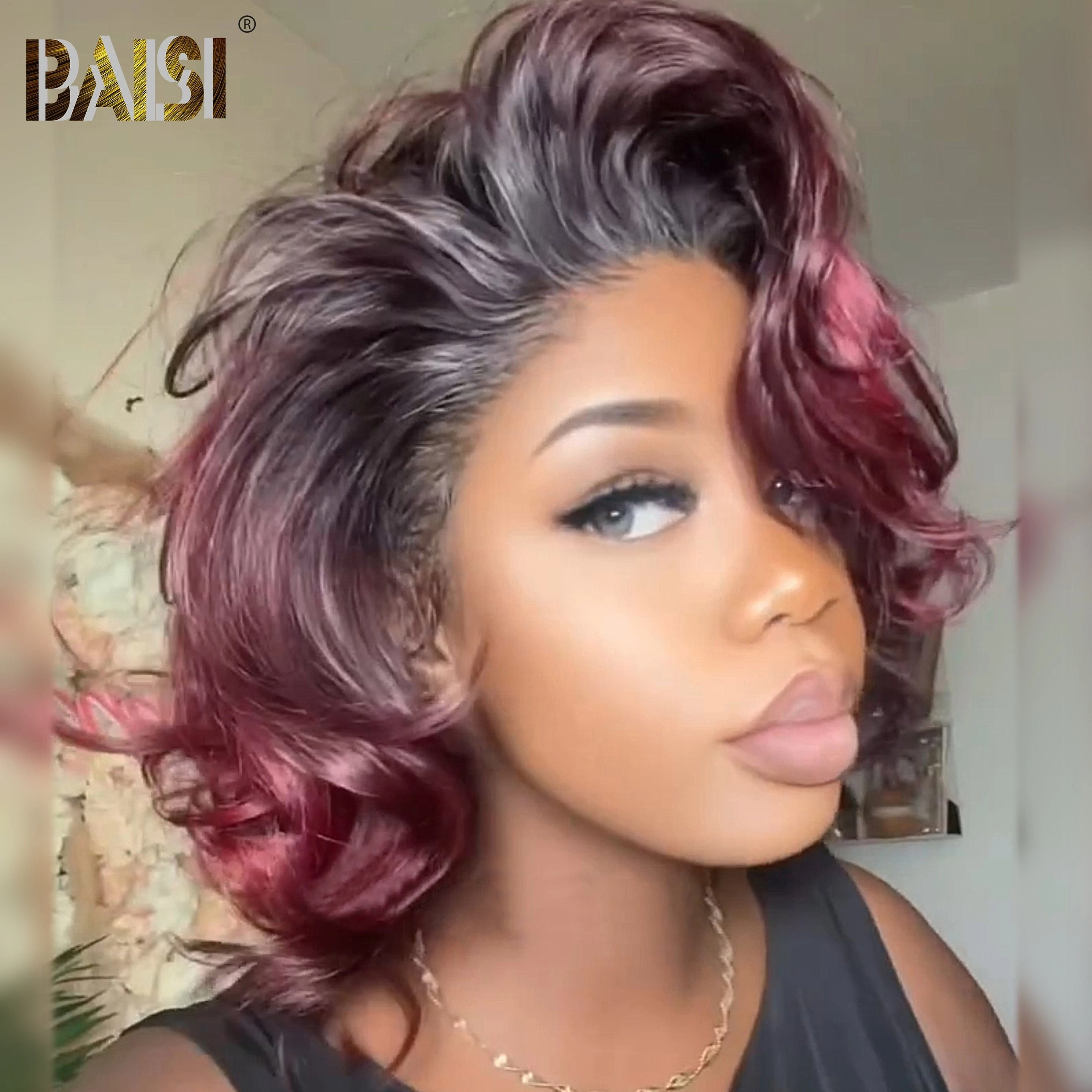 BAISI Side Part 1B/Dark Plum Wavy Glueless BOB Wig