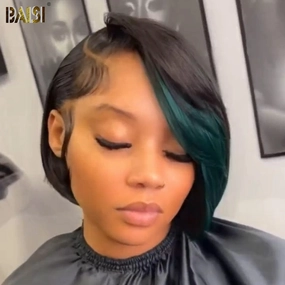 BAISI Side Part Straight With Green Highlight Wig