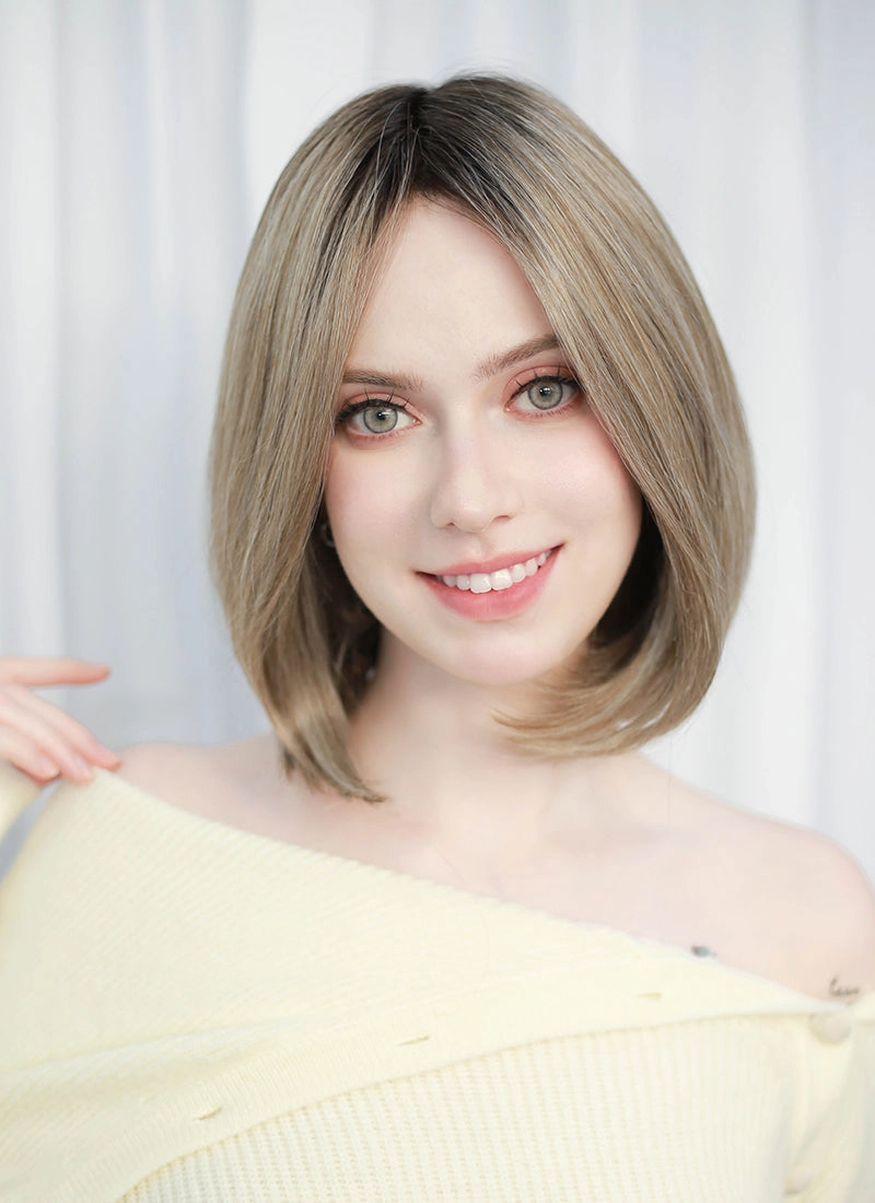 Balayage Blonde With Dark Roots Straight Mono Top Bob Lace Wig MN005