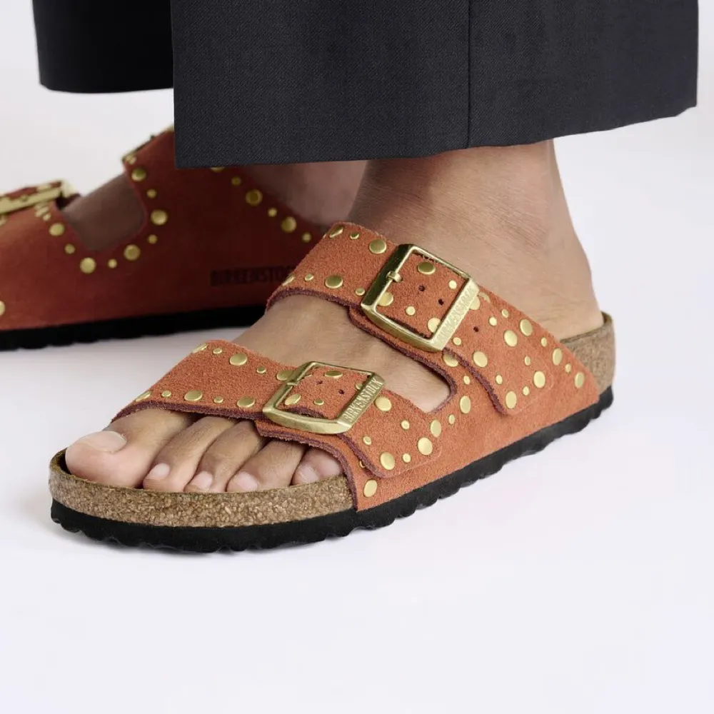 Birkenstock Women's Arizona Rivet Suede Sandal in Dark Rust