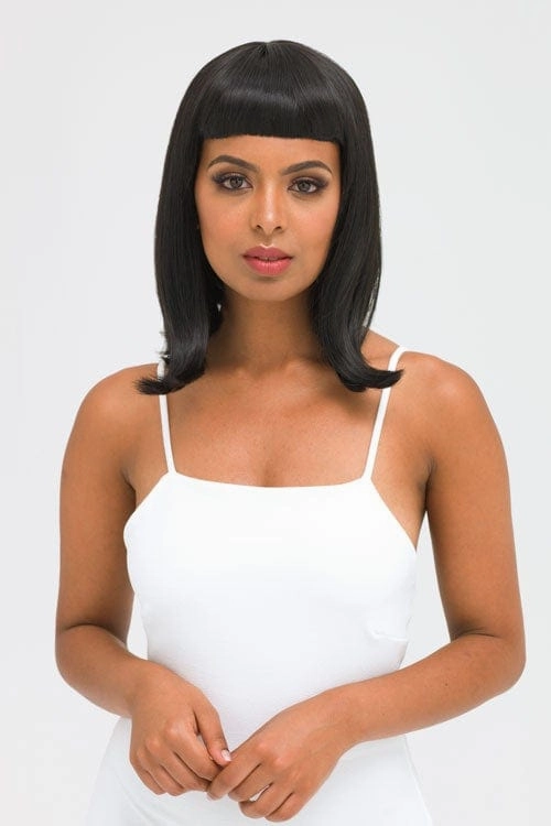 Black long bob wig with a short retro, rockabilly-style fringe: Beth
