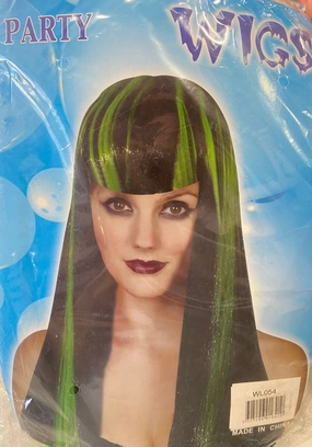 Black with fringe Wig with fluro green highlights
