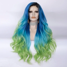 Blue to Green Ombre Dark Root Long Loose Wave Synthetic Lace Front Wig