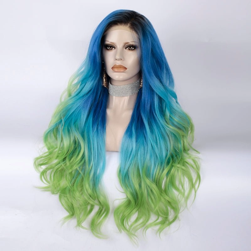 Blue to Green Ombre Dark Root Long Loose Wave Synthetic Lace Front Wig