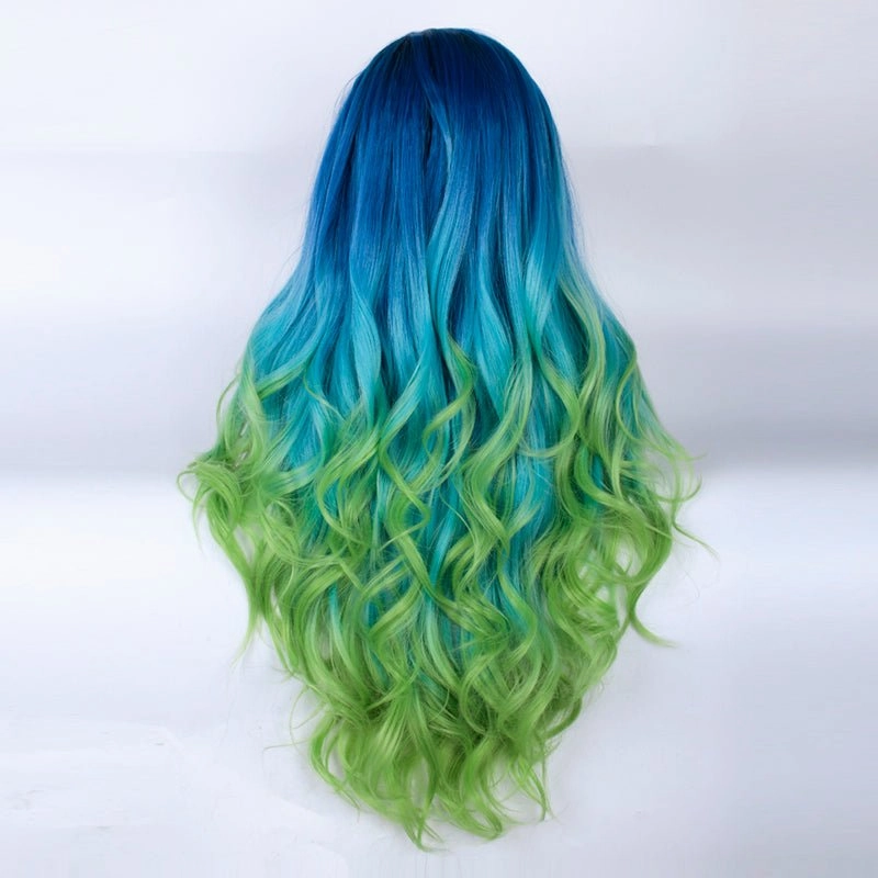 Blue to Green Ombre Dark Root Long Loose Wave Synthetic Lace Front Wig