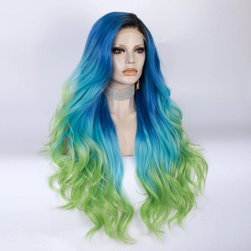 Blue to Green Ombre Dark Root Long Loose Wave Synthetic Lace Front Wig