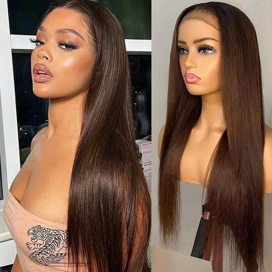 Brown 13x6 Skin Melt Lace Front Silk Straight Human Hair Wig