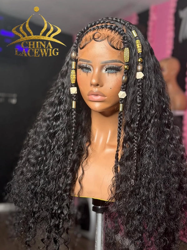 Chinalacewig Custom Wig 100% Human Virgin Hair 5x5 HD Lace Wig Braid Wig Curly High End Wig Custom02