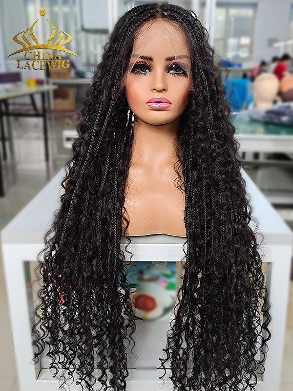 Chinalacewig Full Lace Braided Wig Tangleless Boho Knotless Human Hair Curls CB02