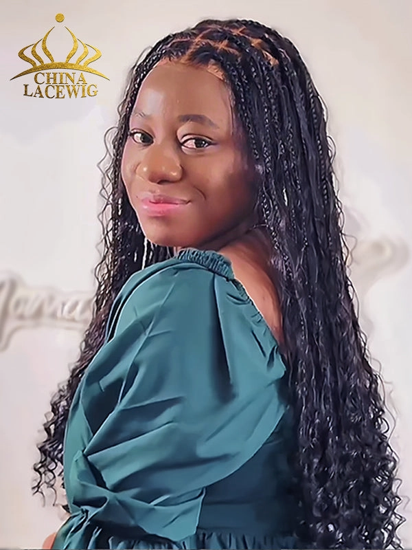 Chinalacewig Full Lace Braided Wig Tangleless Boho Knotless Human Hair Curls CB02