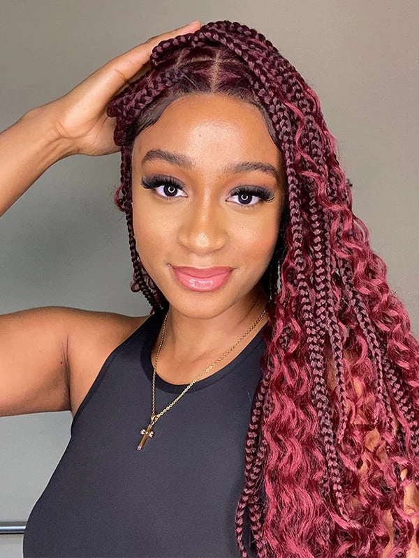 Chinalacewig HD Full Lace Knotless Box Boho Braided Wigs With Curls 99j Burgundy Color With Baby Hair Braids Wig