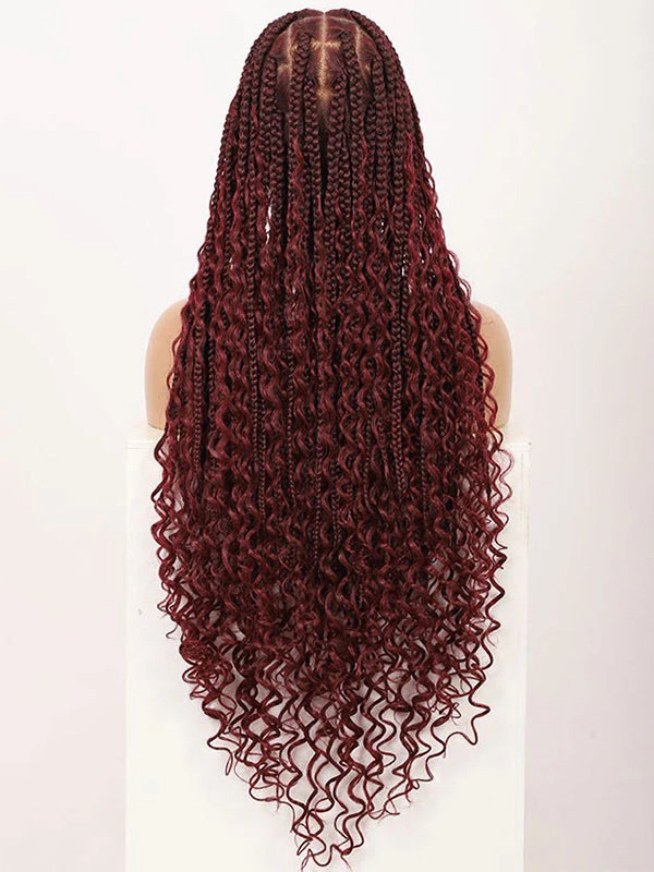 Chinalacewig HD Full Lace Knotless Box Boho Braided Wigs With Curls 99j Burgundy Color With Baby Hair Braids Wig