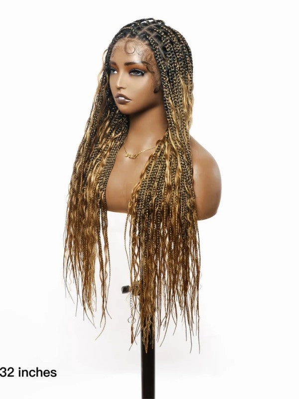 Chinalacewig Tangleless Human Hair Boho Curls  HD Lace Knotless Box Braided Wig CB05