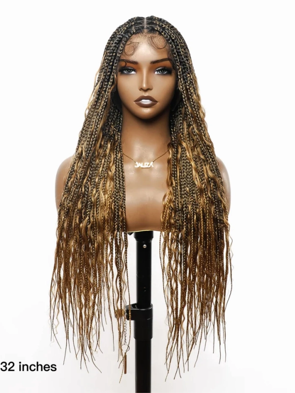 Chinalacewig Tangleless Human Hair Boho Curls  HD Lace Knotless Box Braided Wig CB05