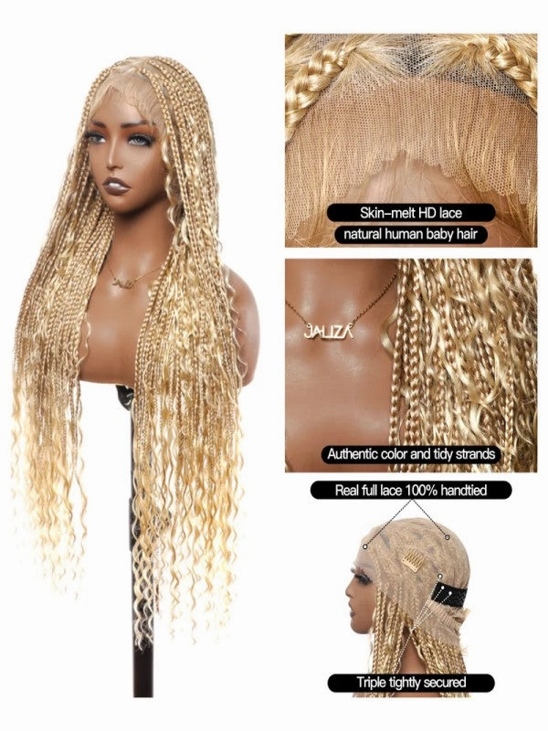 Chinalacewig Tangleless Knotless Boho Box Braided Wig Human Hair Boho Curls HD Full Lace Wig