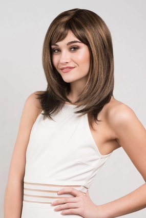 Chocolate brown wig with blonde highlights, face frame style: Katie