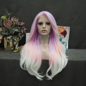 City Star - New Pastel Pink Ombre Noctilucent Long Synthetic Lace Front Party Wigs