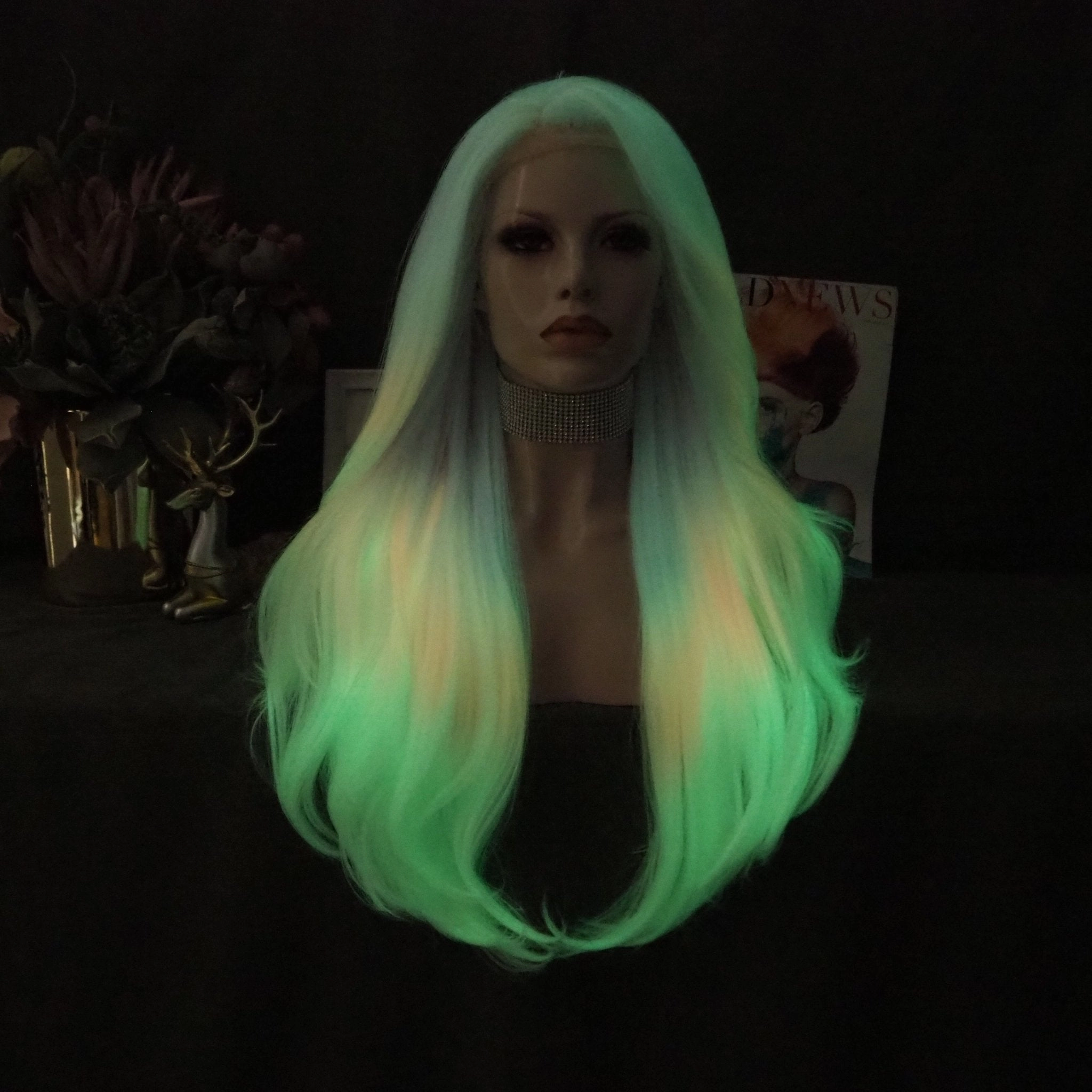 City Star - New Pastel Pink Ombre Noctilucent Long Synthetic Lace Front Party Wigs