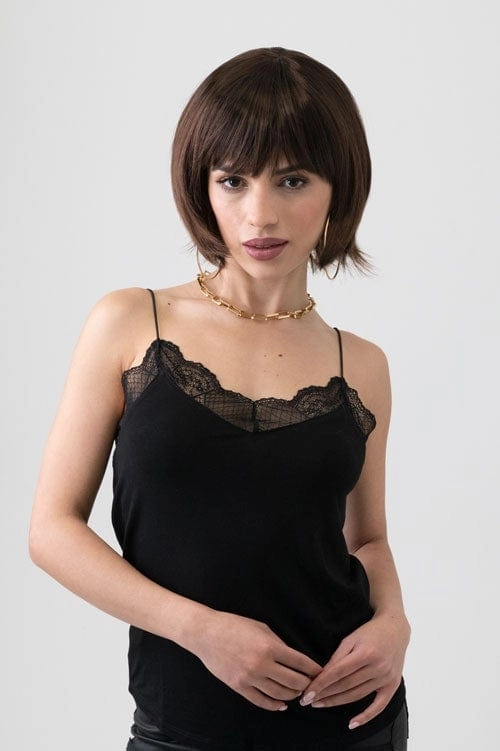 Dark brown pixie cut wig with reddish brown lowlights: Cierra
