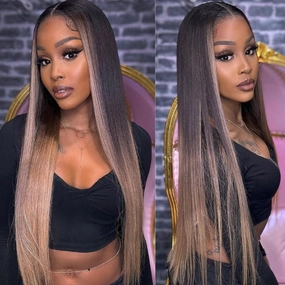 Funky Colored Wigs | Glueless 13x4/6x4.5 Money Piece Light Blonde Straight HD Transaparent Pre Cut Lace Human Hair Wigs With Breathable Cap Skunk Stripe Air Wig-Geeta Hair