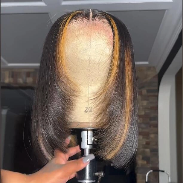 Geeta Layer Cut Ombre Highlight Straight Bob Human Hair Wigs 13x4 Lace Front Glueless Wigs