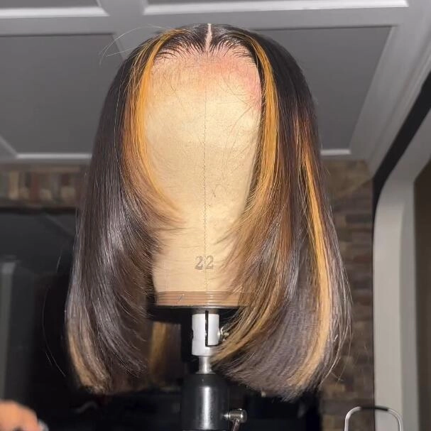 Geeta Layer Cut Ombre Highlight Straight Bob Human Hair Wigs 13x4 Lace Front Glueless Wigs