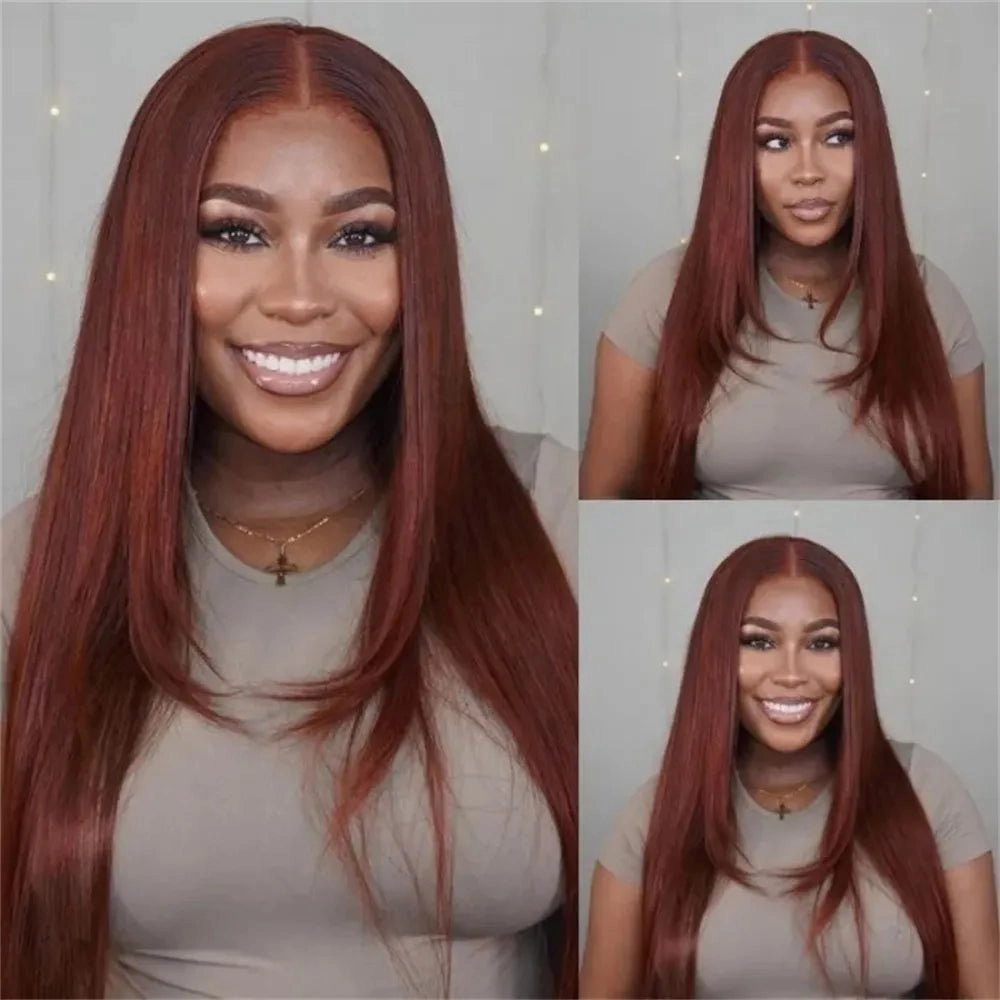 Geeta Layered Straight 13x4/4x4 Reddish Brown Lace Frontal Wig HD Transparent Human Hair Wigs Auburn Colored Wig