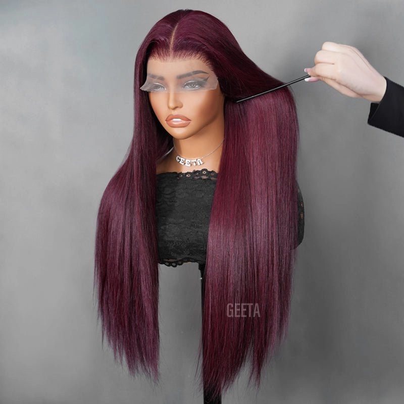 Geeta Straight 7x5 Lace Glueless Wig Burgundy Purple Black Cherry Invisi Drawstring Human Hair Wigs