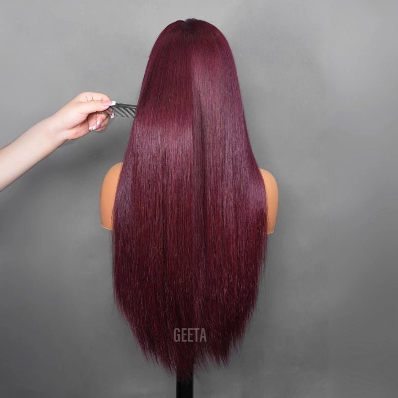 Geeta Straight 7x5 Lace Glueless Wig Burgundy Purple Black Cherry Invisi Drawstring Human Hair Wigs