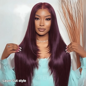 Geeta Straight 7x5 Lace Glueless Wig Burgundy Purple Black Cherry Invisi Drawstring Human Hair Wigs