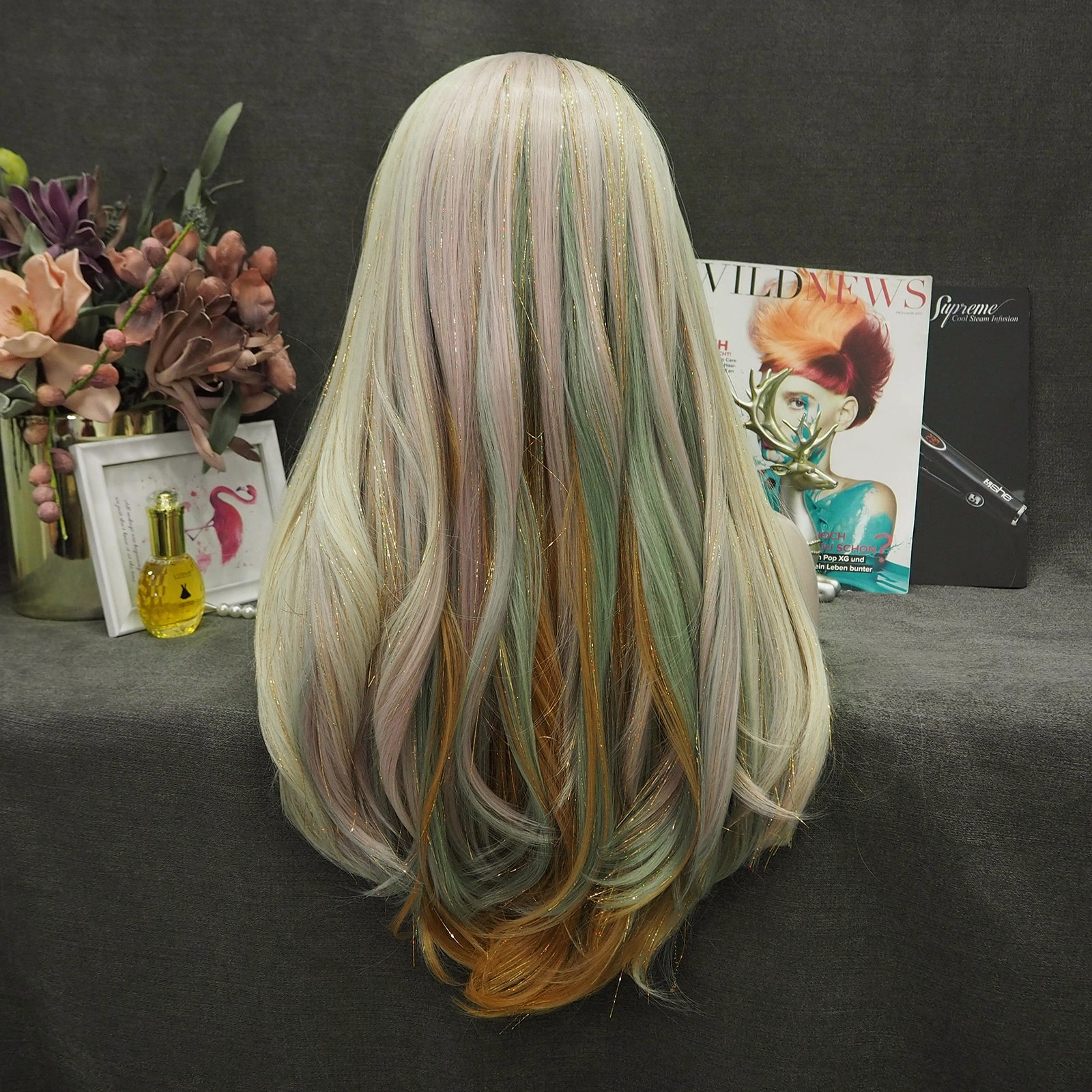 Gloria - Blonde-Light green & Deep Yellow Highlighted With Shiny Tinsel Synthetic Lace Front Wig