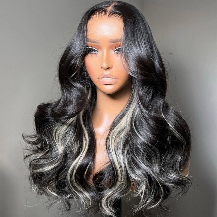 Glueless Platinum Gray Highlight Silky Straight Human Hair Wigs-Geeta Hair