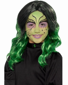 Green Witch Long Black and Green Kids Wig