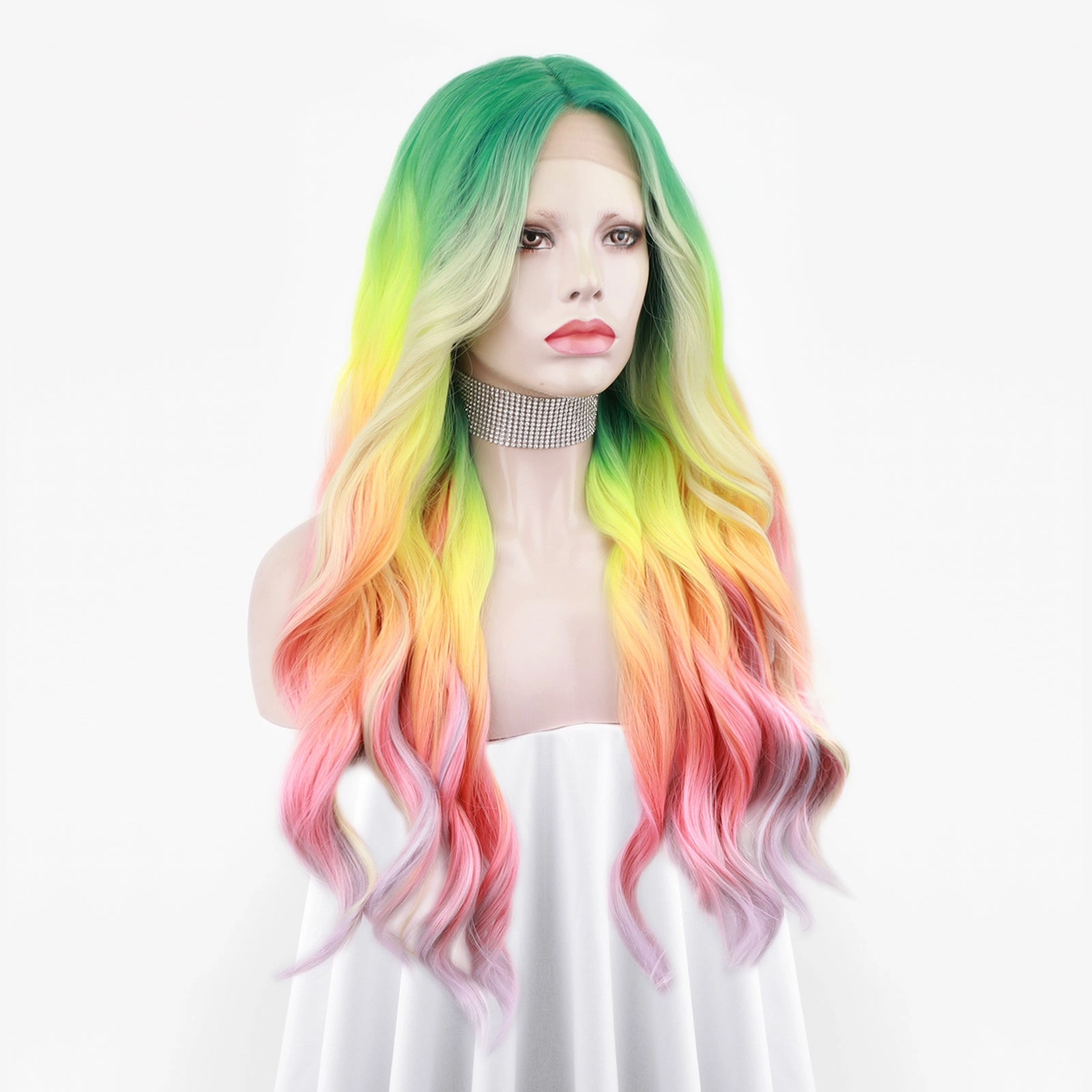 Heather-Gorgeous Rainbow Colorful long Water Wave Synthetic T Part Lace Front Wig