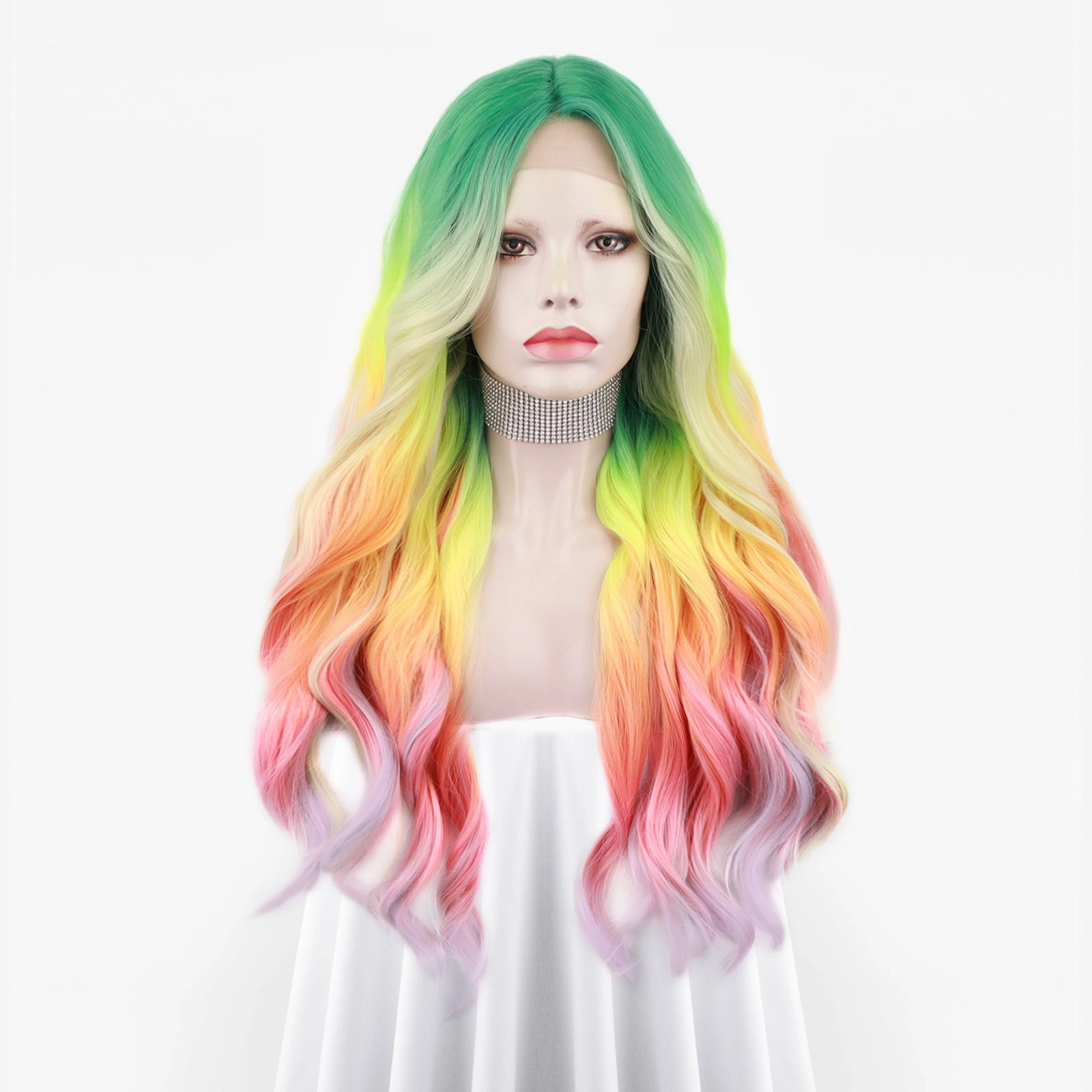 Heather-Gorgeous Rainbow Colorful long Water Wave Synthetic T Part Lace Front Wig