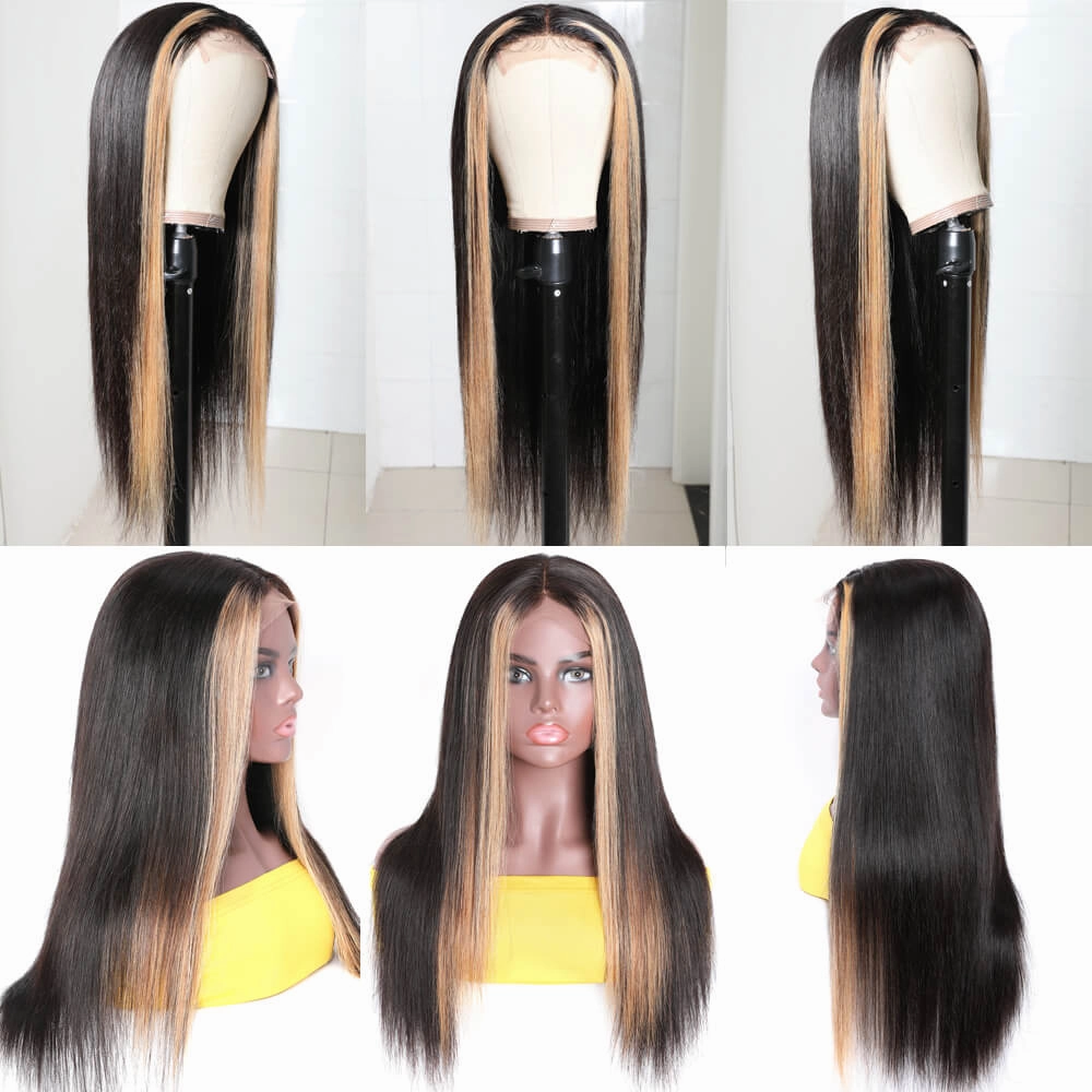 Highlight Ombre TL/27 Skunk Stripe Bone Straight Hair Wig 13x4 HD Lace Front Human Hair Wigs Pre Plucked Glueless Wig-Geeta Hair