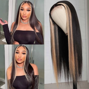 Highlight Ombre TL/27 Skunk Stripe Bone Straight Hair Wig 13x4 HD Lace Front Human Hair Wigs Pre Plucked Glueless Wig-Geeta Hair