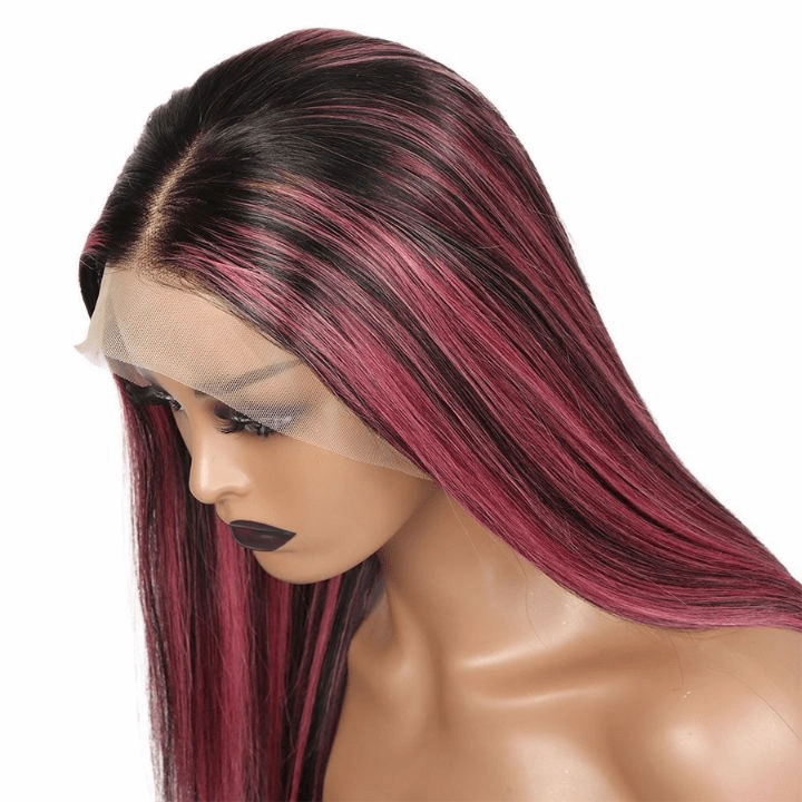 Highlight Purple Straight HD Transparent Lace Front Wig Highlights Pre Plucked Hairline Human Hair Wigs