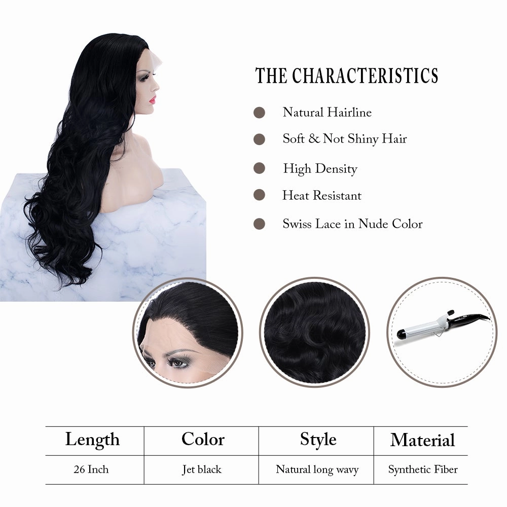 Jane - Black Long Wavy Synthetic Lace Front Wig For Cosplay