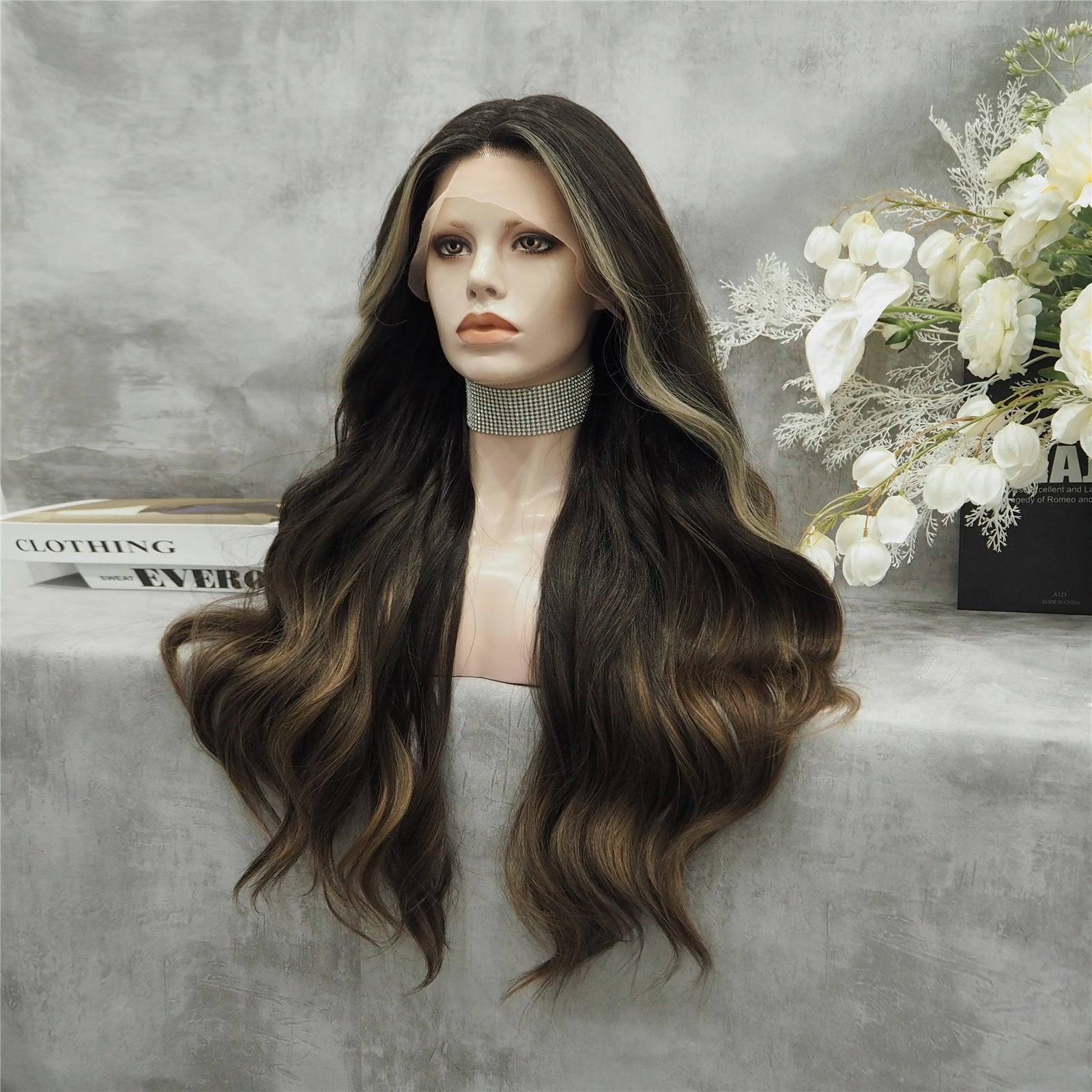Kim Brown Highlights long Body Wave Synthetic Lace Front Daily Natural Wig