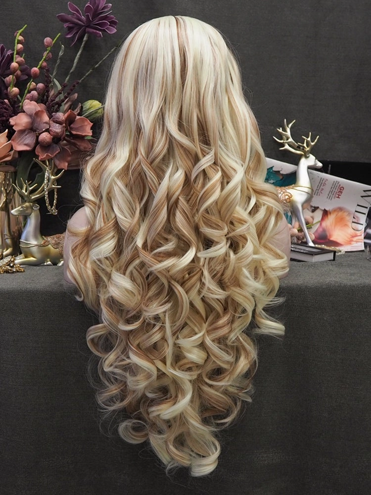 Lizzy  - White Blonde And Brown Highlights Long Loose Curl Synthetic Lace Front Wig For Women